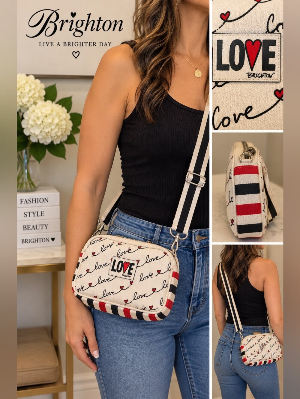 Brighton LOVE Canvas Purse Cream Red Black Heart Print Striped Shoulder Bag